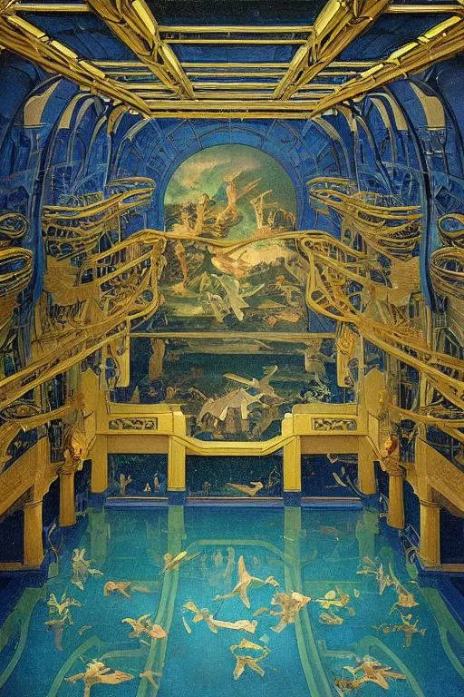 Prompt: renaissance painting of the interior of a science fiction art deco palace indoor pool on Cybertron. dark-blue, light-blue, dark-green, gold, silver, black. kintsugi, fractal, moody, intricate detail, hyperrealism, cinematic, volumetric dust lighting, epic. by Roger Deakins, Moebius, Alphonse Mucha, Wiktor Ohman