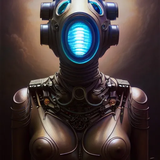 Image similar to front shot of a cyberpunk gazmask robot character, intricate, elegant, highly detailed, centered, digital painting, artstation, concept art, smooth, sharp focus, illustration, artgerm, Tomasz Alen Kopera, Peter Mohrbacher, donato giancola, Joseph Christian Leyendecker, WLOP, Boris Vallejo