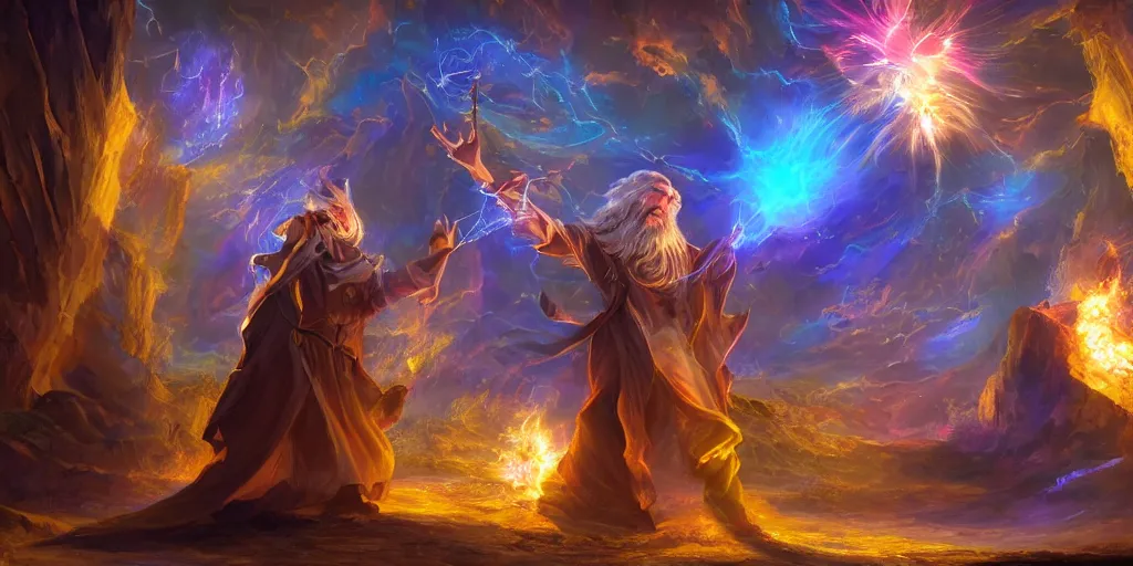 Image similar to wizard in front of magical explosion, cards, cards, 5 2 card pickup, fantasy, digital art, concept art, 8 k