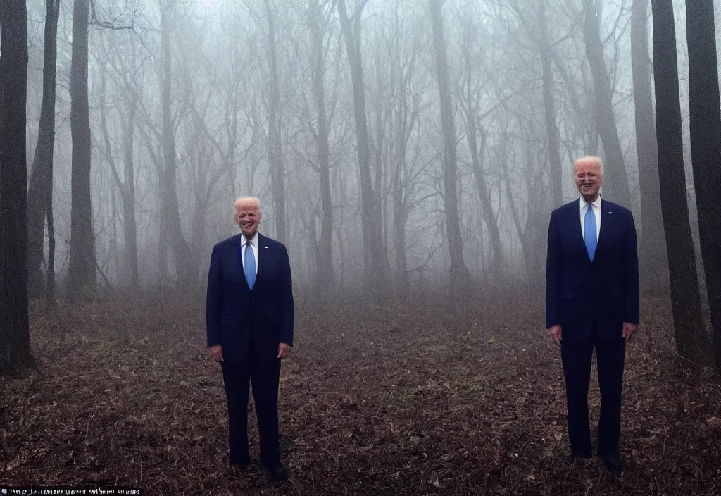 Prompt: low quality iphone photo of joe biden standing ominously in the foggy woods with a demonic smile in his face, creepy, far away