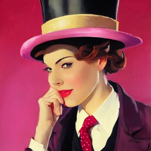 Image similar to an attractive female in a pink suit and tie, standing on a cliff, wearing a tophat, looking out at a pink ocean, by jc leyendecker!! phil hale!, angular, brush strokes, painterly, vintage, crisp