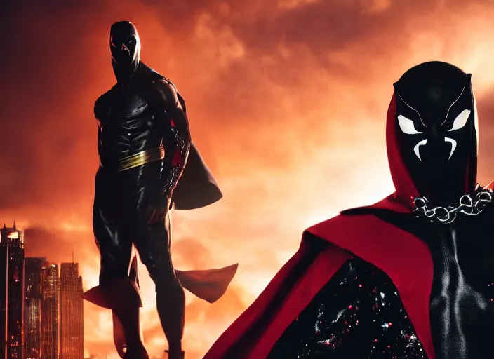 Image similar to film still of michael b jordan as spawn in the new spawn movie, giant chains, large cape, 8 k