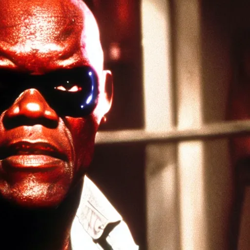 Prompt: Samuel L. Jackson plays Terminator, scary, red eye glowing, skeleton, scene from the film