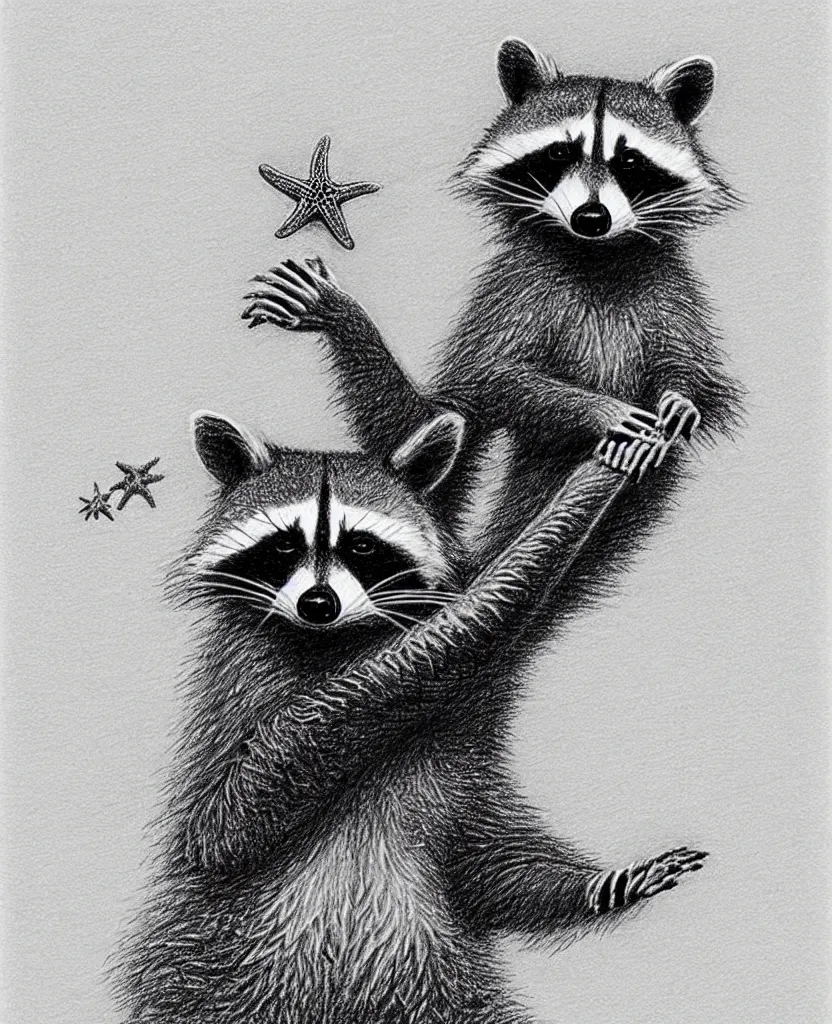 Image similar to detailed pencil sketch of a raccoon holding up and looking at a starfish, chris van allsburg