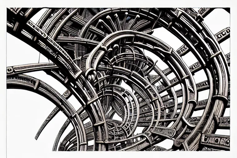 Prompt: a double helix dna cyberpunk steampunk carved archway, high details, lineart, by vincent di fate and joe fenton, inking, screen print, masterpiece, trending on artstation, sharp, high contrast, hyper - detailed,, hd, 4 k, 8 k