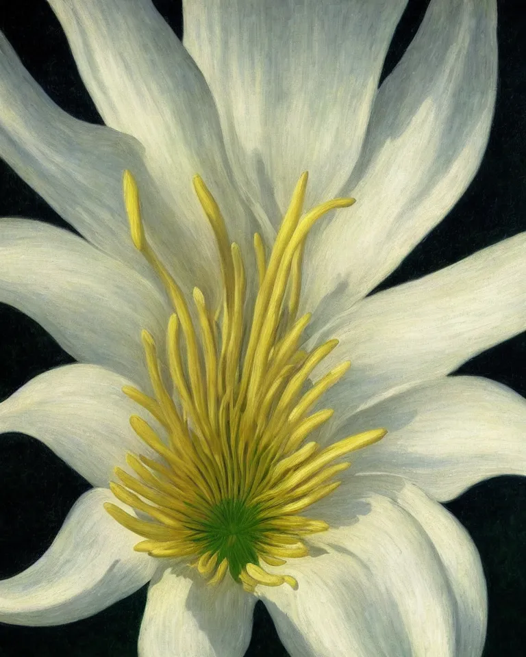 Prompt: achingly beautiful extreme close up painting of one white lily blossom by rene magritte, monet, and turner. piranesi. macro lens, symmetry, circular.