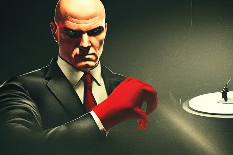 Image similar to an expressive portrait of agent 4 7 from hitman wearing headphones and putting a vinyl record onto a turntable, dark background, red rim light, digita, l