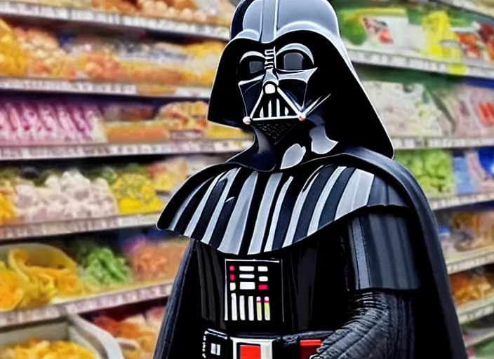 Image similar to film still of Darth Vader goes grocery shopping in the new Star Wars movie, 4k