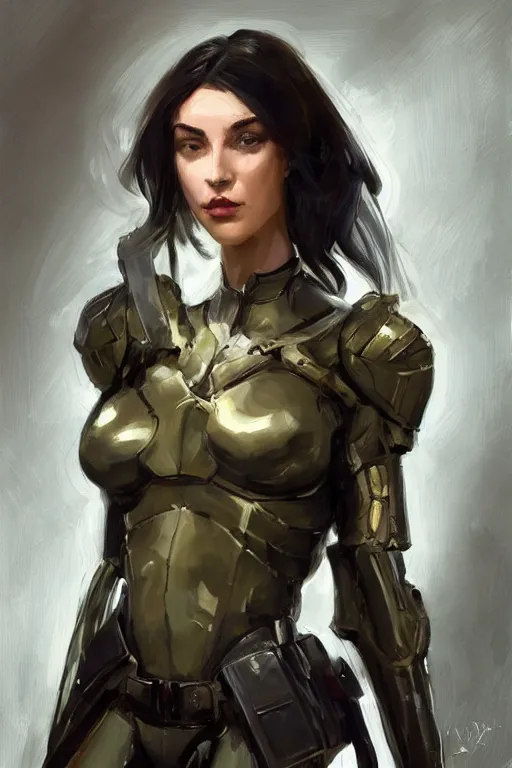 Image similar to a professionally painted portrait of an attractive young woman, clothed in military armor, olive skin, long dark hair, beautiful bone structure, symmetrical facial features, intricate, elegant, digital painting, trending on Artstation, concept art, smooth, sharp focus, illustration, from Metal Gear by Ruan Jia and Mandy Jurgens and Artgerm and William-Adolphe Bouguerea, award winning