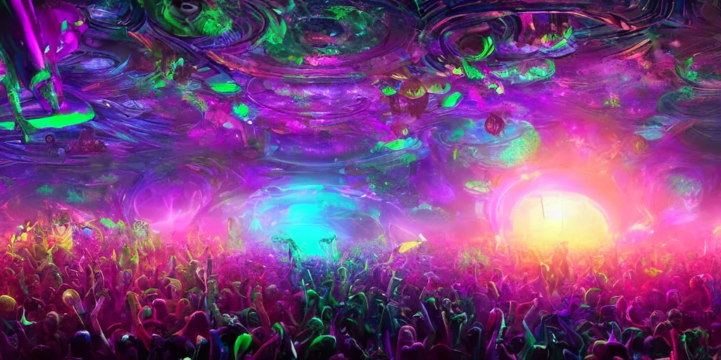 Image similar to a cosmic rave party in the end of the world, high detail beautiful matte painting, ultrarealistic, octane render, cosmic psychedelic art -H 1024