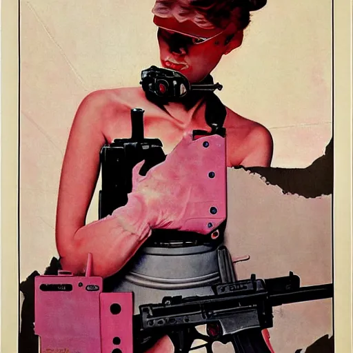 Prompt: Pink sci-fi woman with a gun. Norman Rockwell painting.