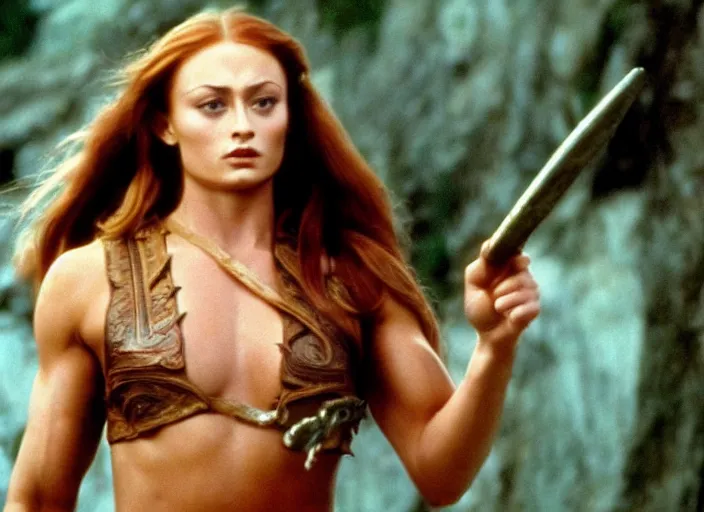 Image similar to still of muscular sophie turner in the beastmaster ( 1 9 8 2 ), high resolution