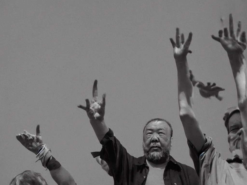 Prompt: ai weiwei hand raised middle finger extended in front of the kremlin black and white photograph