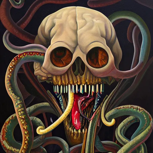 Prompt: an oil on canvas painting of a screaming decapitated man's withered face and blank eye sockets with biting serpents swarming out of his exposed brain, a surrealist painting, polycount, surrealism, surrealist, lovecraftian, cosmic horror