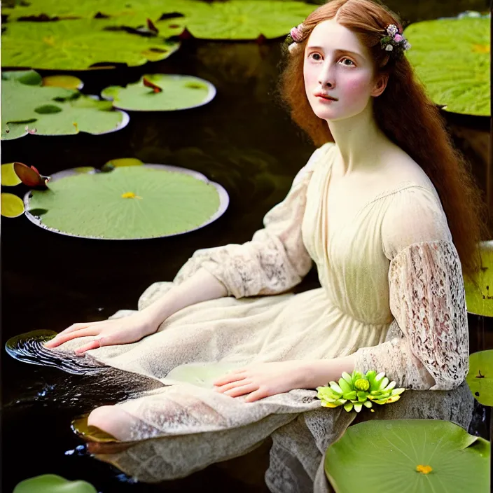 Image similar to Kodak Portra 400, 8K, soft light, volumetric lighting, highly detailed, britt marling style 3/4 ,portrait photo of a beautiful woman how pre-Raphaelites painter, with her face emerging from the water of a pond with water lilies, a beautiful lace dress and hair are intricate with highly detailed realistic beautiful flowers , Realistic, Refined, Highly Detailed, natural outdoor soft pastel lighting colors scheme, outdoor fine art photography, Hyper realistic, photo realistic