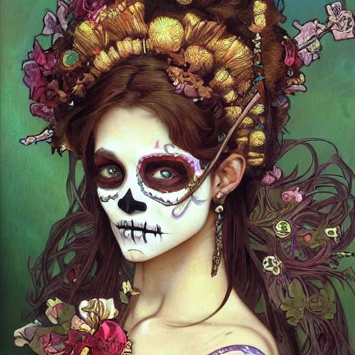 Image similar to realistic detailed painting of a cute punk Día de los Muertos girl by Mario Testino Alphonse Mucha Ayami Kojima Amano Charlie Bowater, masterpiece