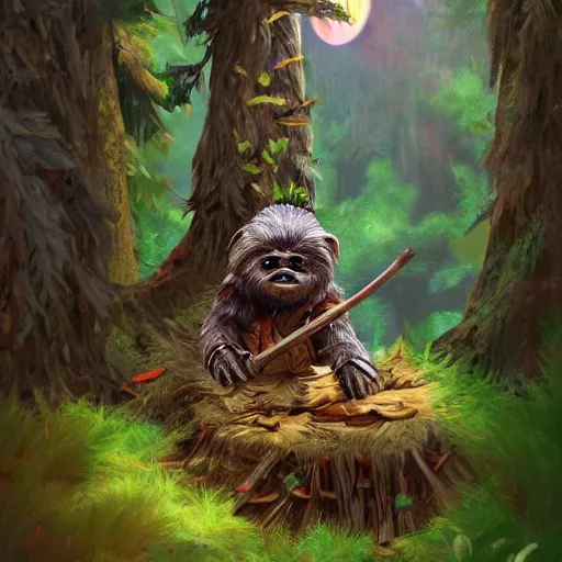 Prompt: a humble ewok building a treehouse from sticks and leaves in the forest, artstation, colorful