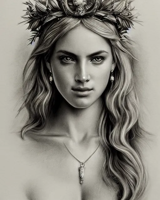 Prompt: pencil drawing of a beautiful greek goddess aphrodite wearing a laurel wreath and arrowhead earrings, beautiful piercing eyes with sexy look, beautiful blonde hair, hyper realistic face, in the style of greg rutkowski, fantasy, amazing detail, epic, elegant, smooth, sharp focus, from the front