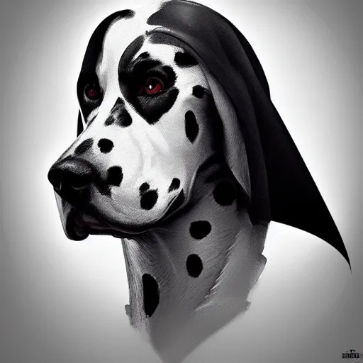 Image similar to dalmatian dog as darth vader, highly detailed, digital painting, artstation, concept art, matte, sharp focus, illustration