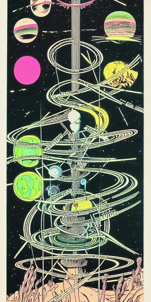 Image similar to 1968 science fiction tarot card, cut out collage, neon Roman, xerox punk, spring on Saturn, epic theater, deep sea, mountain plants, drawings in part by moebius, part by Ernst Haekl, text by William S Boroughs, composition by neo Rauch