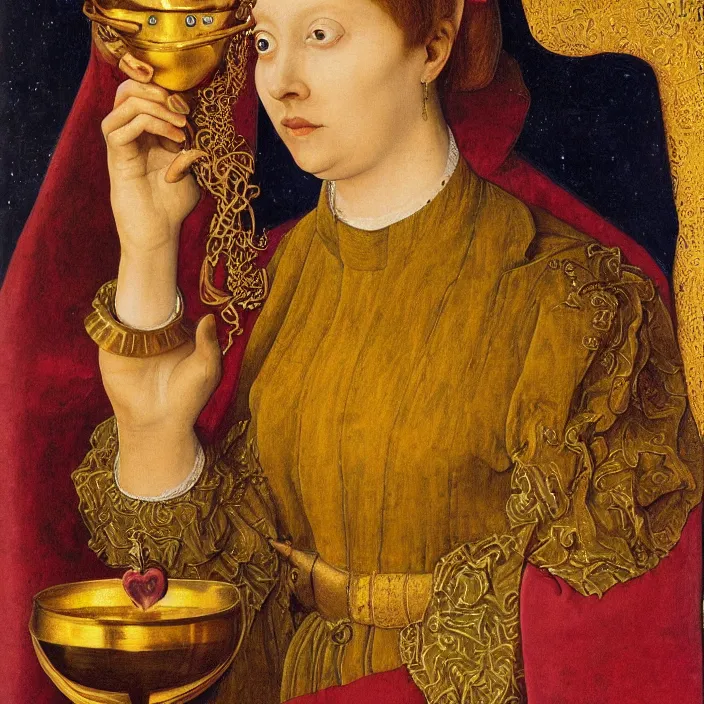 Prompt: a closeup portrait of a horned woman, drinking a golden elixir, drinking, chalice, in a heart nebula, golden hour, by jan van eyck