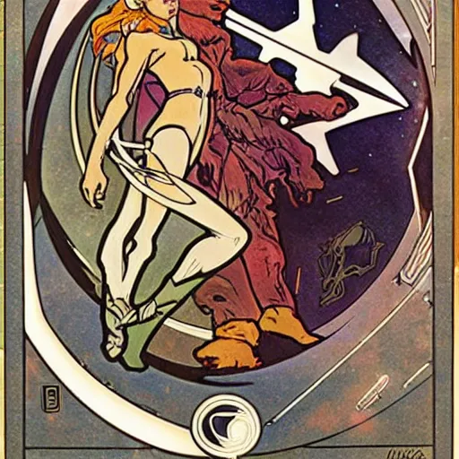 Prompt: Scissor Starfighter, by Moebius and Alphonse Mucha