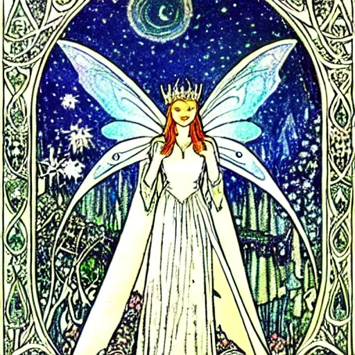 Prompt: Galadriel is crowned by fairies as their queen, the background is a fairy forrest, starry night, detailed, blue tones, silver, romantic, intricate fairy tale illustration from an old book by Walter Crane, Florence Harrison and Arthur Rackham