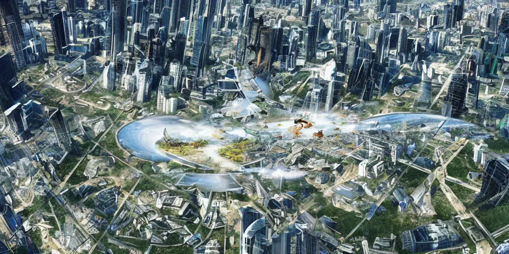 Image similar to future forest city attacked by spaceship, floating broken buildings, gravity mess, star trek, glory war, photograph
