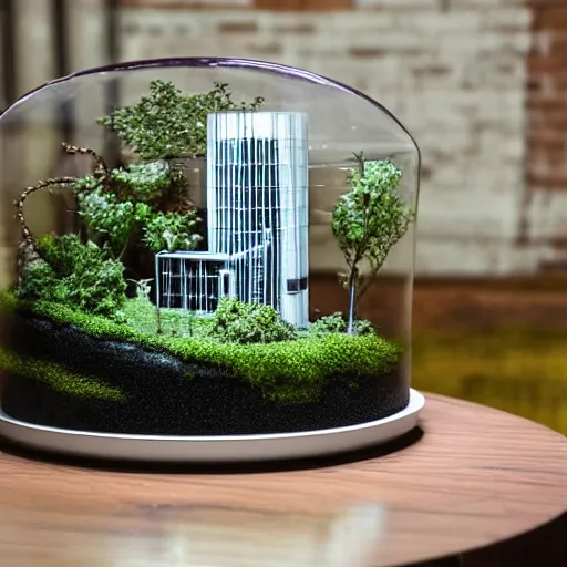 Image similar to a large terrarium with a realistic diorama of a reactor building and cooling tower inside on top of a minimalist table, lit from the side