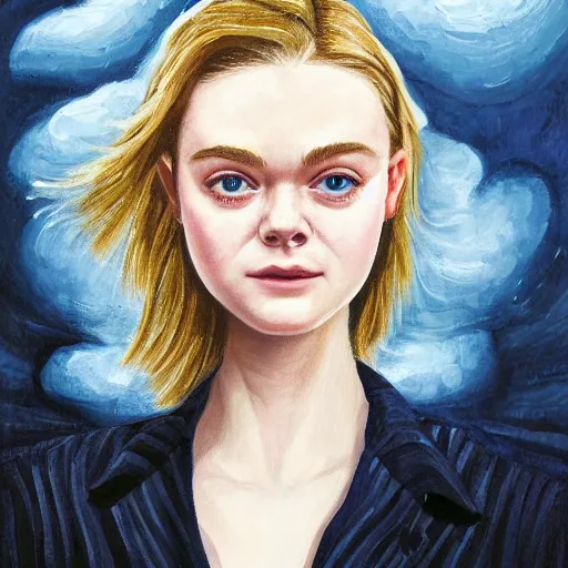 Prompt: professional painting of Elle Fanning in the style of Mark Waid, head and shoulders portrait, symmetrical facial features, smooth, sharp focus, illustration, intricate, stormy weather, extremely detailed masterpiece,