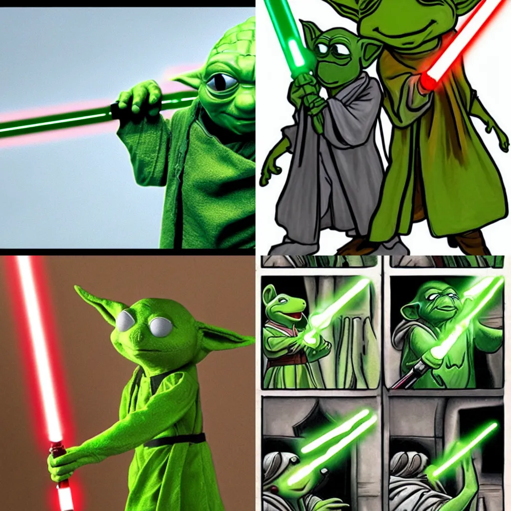 Prompt: yoda and kermit have lightsaber dual
