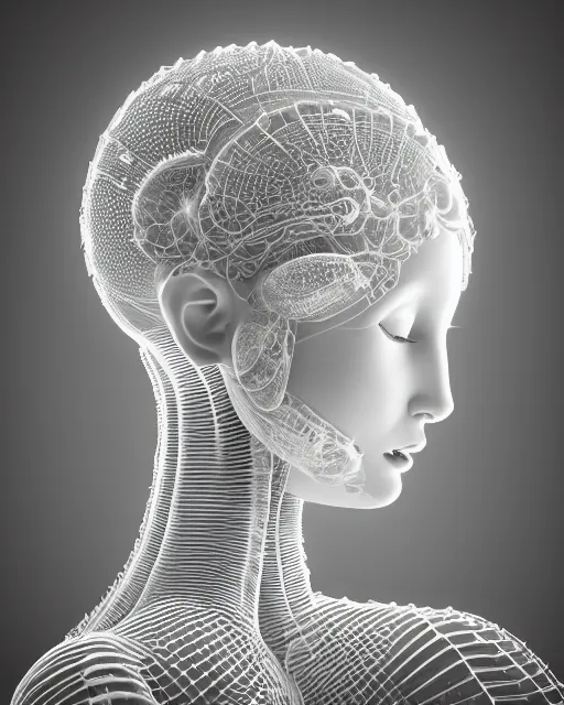 Image similar to mythical dreamy black and white organic translucent bio-mechanical spinal ribbed profile face portrait detail of mechanical beautiful female angelic-snowy-human-doll, highly detailed, intricate crystal jelly steampunk ornate, poetic, 3D render, digital art, octane render, 8K artistic photography, photo-realistic, by Dora Maar