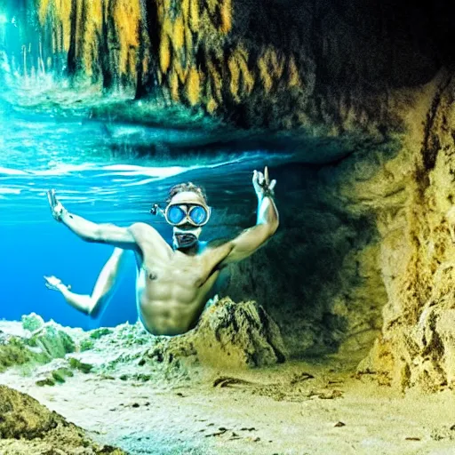 Prompt: diver in a cave underwater, ultra realistic, cosmic, haunted, cave like teeth, bubbles, scary, blues and colorful, cinematic, 4k,