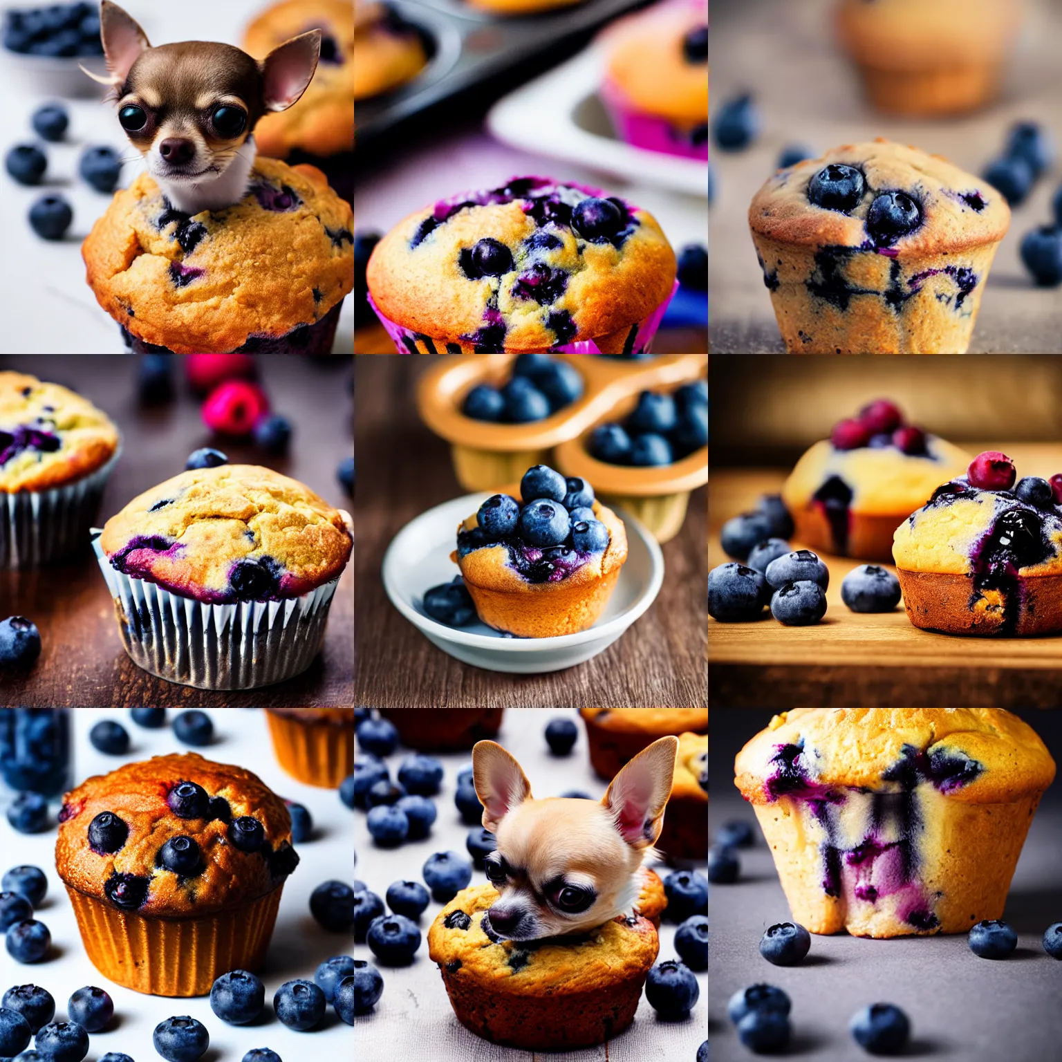 Prompt: Chihuahua portrait made of blueberry muffin, food photography, high definition, focus