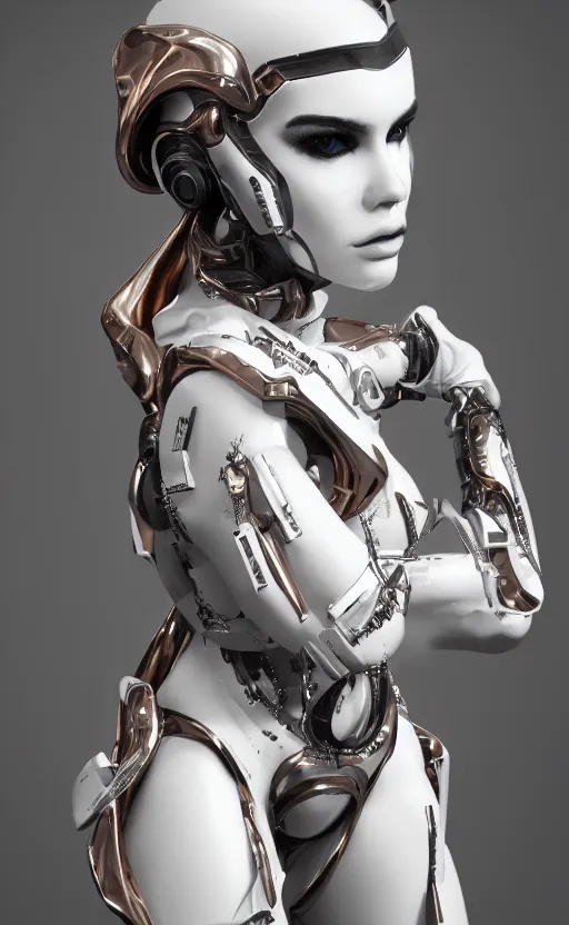 Image similar to white cyborg fashion shot, cyber copper spiral decorations, white elegant baroque design, headshot half figure, photorealistic, 8k, hyper detailed, unreal engine, trending on artstation,