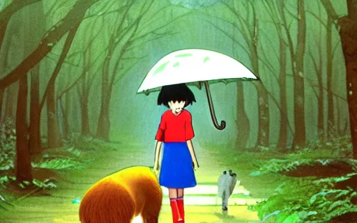 Image similar to a young girl with her large pet capybara walking through the forest, raining, holding umbrella, art by hayao miyazaki, studio ghibli film, 4k, hi res, high detail