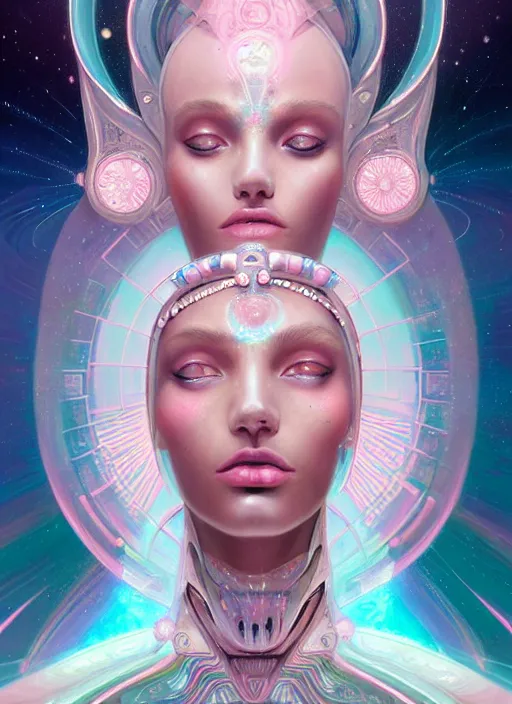 Image similar to porttait of a beautiful celestial Aztec pearlescent interstellar Goddess wearing a futuristic slim dress exposed in cryo chambers by James Jean, pink and white theme, captivating, intricate, elegant, highly detailed, centered, digital painting, artstation, concept art, smooth, sharp focus, illustration, by Peter Mohrbacher, WLOP