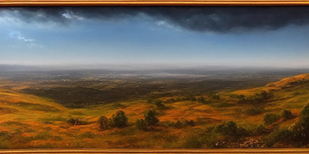 Image similar to a breathtaking landscape from a hilltop, cinematic lighting, detailed oil painting, hyperrealistic, 8k