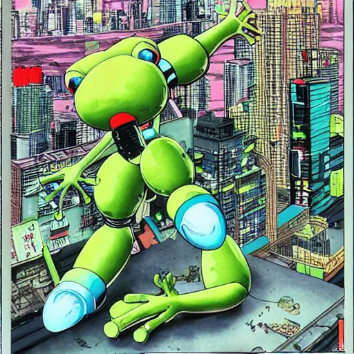 Image similar to huge frog robot devastating the city, by yoichi hatakenaka, masamune shirow