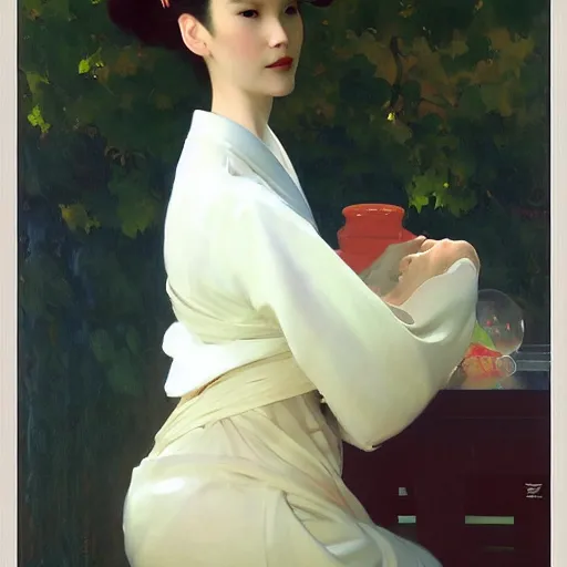 Image similar to yanjun cheng portrait of a beautiful geisha android by norman rockwell, bouguereau