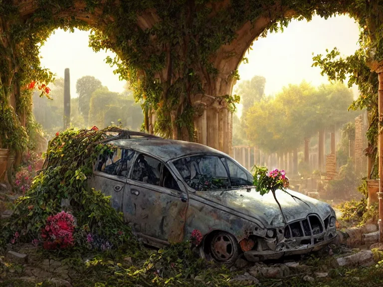 Prompt: a tree growing inside scrap car in ancient greek ruins, gray wasteland, many overgrown scrap cars, pillars and arches, colorful flowers, vines, cinematic, ray of golden sunlight, alphonse mucha, greg rutkowski, trending on artstation, artgerm, breathtaking, smooth, mark arian, award winning