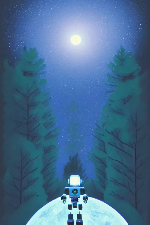 Image similar to A retro glossy white robot stands in the middle of a forest in the centre of the frame. softly glowing blue trees at night. The sky above has many stars and a beautiful blue aurora. Comet in the middle of the sky. Cyril Roland naomi okubo. Trending on artstation. Digital painting.