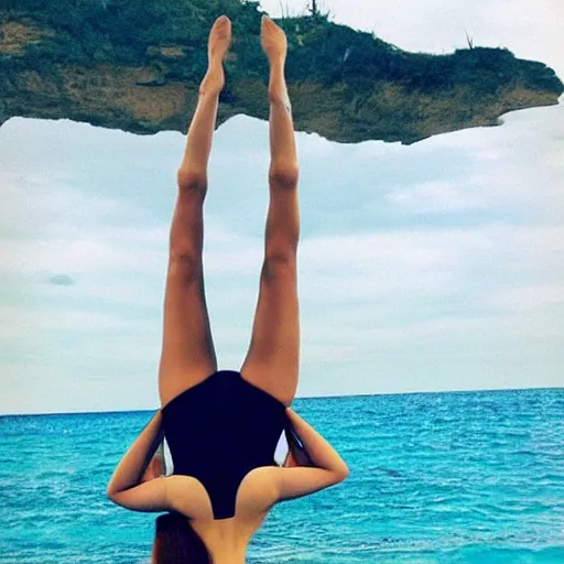 Image similar to emma watson doing a headstand yoga pose in bikini