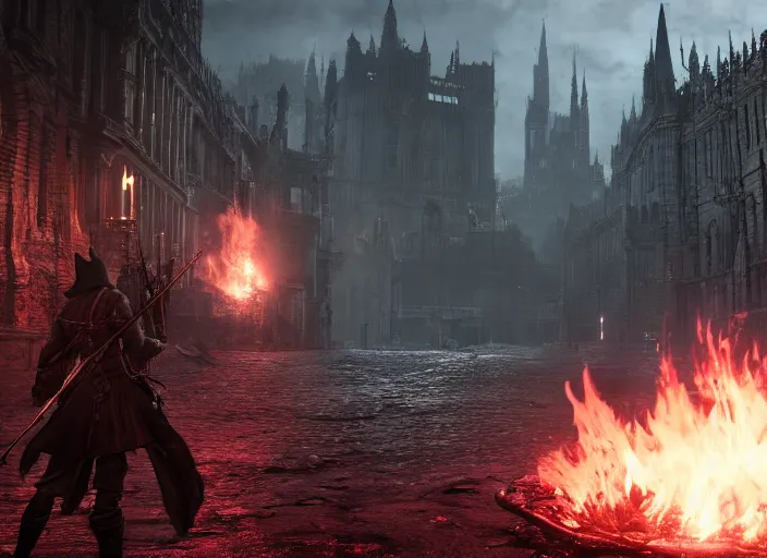 Image similar to looking down rifle in bloodborne first person shooter, background blur, flames, hyperrealistic, dark, 4 k