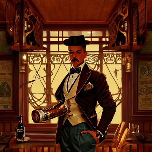 Prompt: a cinematic scene male steampunk gentleman in a cuban cigar bar, intricate, elegant, highly detailed, digital painting, artstation, concept art, smooth, sharp focus, illustration, art by artgerm and greg rutkowski and alphonse mucha