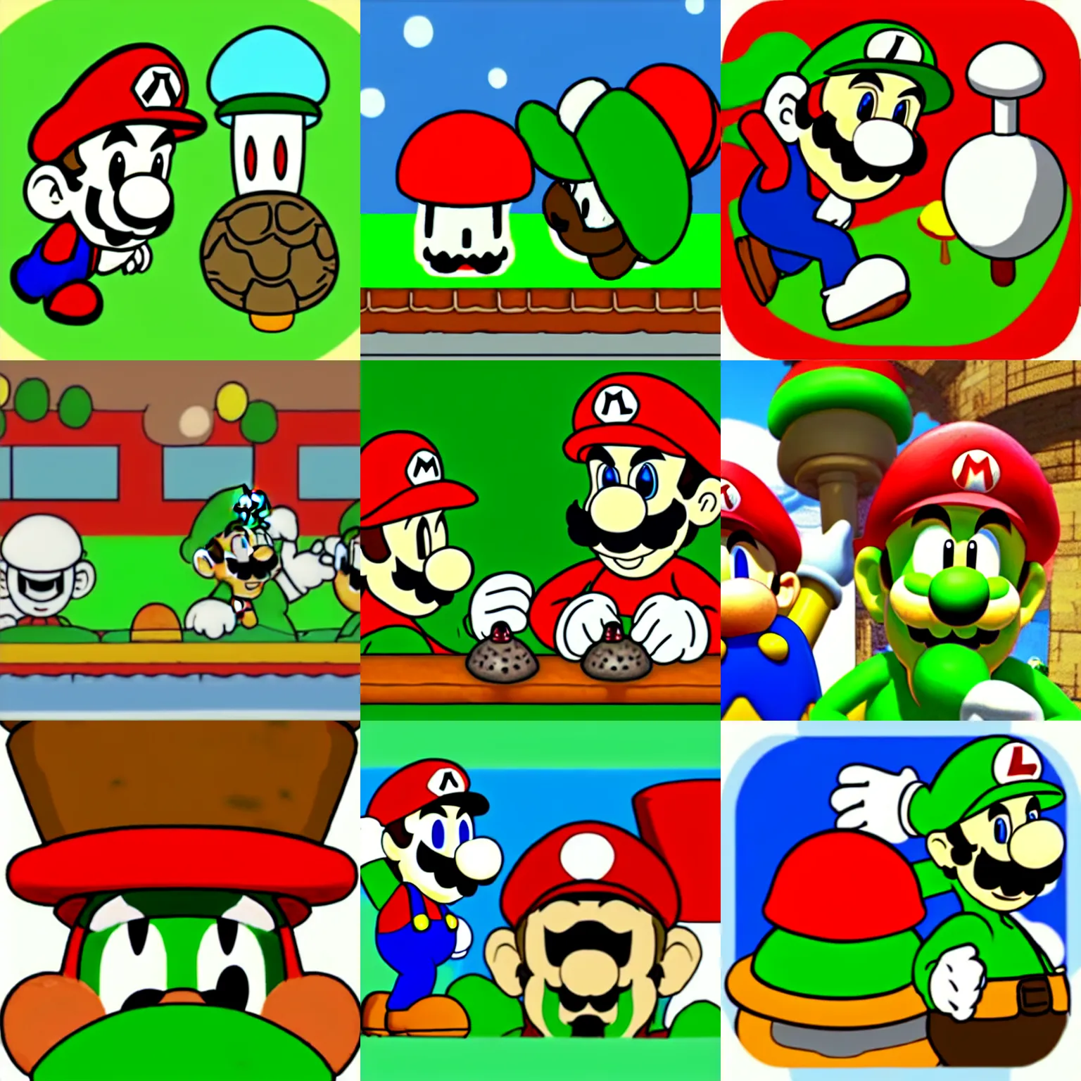 Prompt: drunk mario and luigi eat big mushroom and fly agaric, cartoon turtles, drainpipes