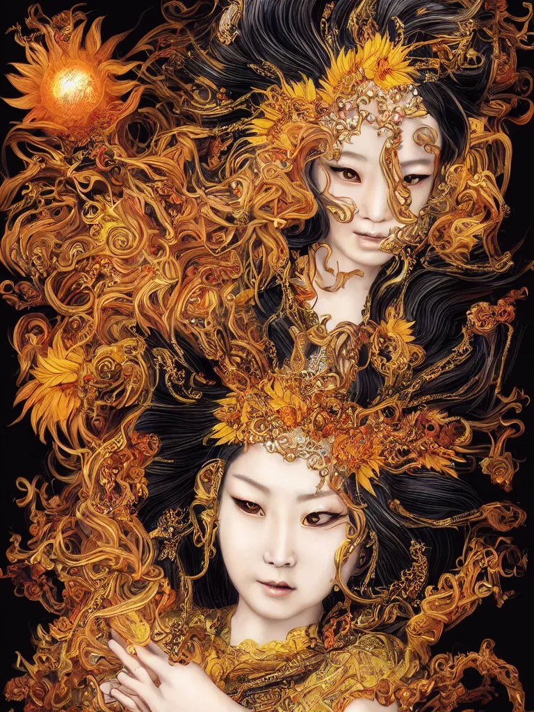 Prompt: Character portrait of the Sunflower Goddess, a Chinese female deity who brings joy and light. Insanely nice professional hair style, dramatic hair color, digital painting of a old 17th century, amber jewels, baroque, ornate clothing, sci-fi, dark smoke background, flames, very realistic, chiaroscuro, art by Franz Hals and Jon Foster and Ayami Kojima and Amano and Karol Bal.