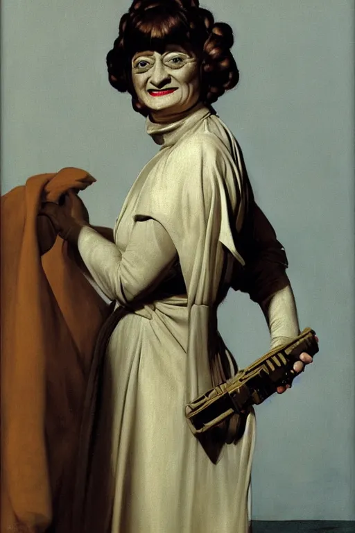 Prompt: phyllis diller as princess leia in star wars, full - figure oil painting by john currin and jacques - louis david and ingres, high detail