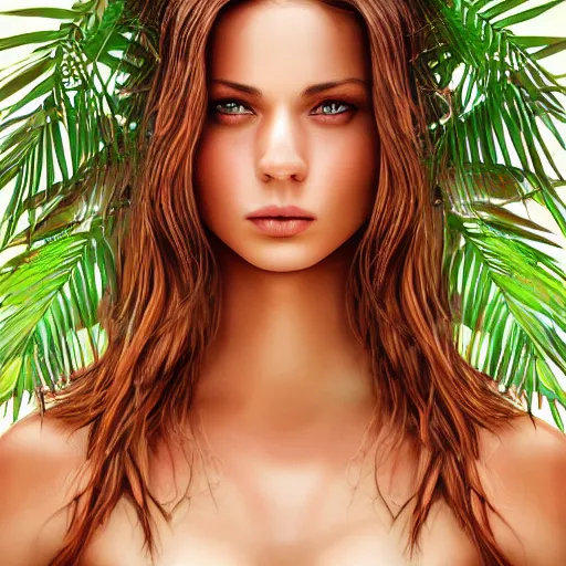 Prompt: gorgeous female photo, professionally retouched, soft lighting, chest covered with palm leaves, realistic, smooth face, perfect eyes, wide angle, sharp focus on eyes, 8 k high definition, insanely detailed, intricate, elegant, oil painting art by omar ortiz
