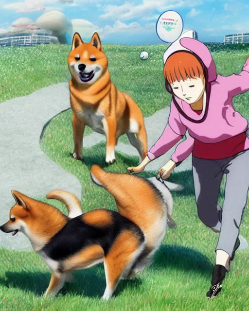 Image similar to shiba inu bites frisbee ， painting photoshop by hayao miyazaki, 8 k